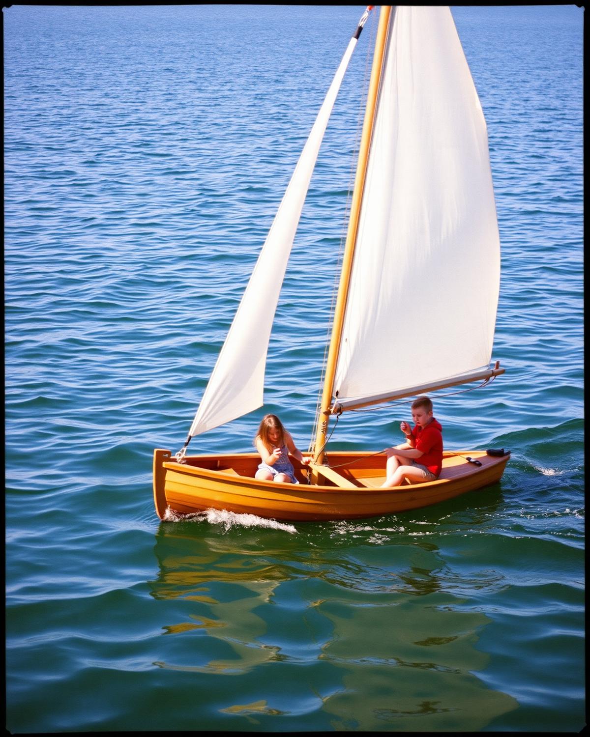 Children learning to sail a wooden dinghy