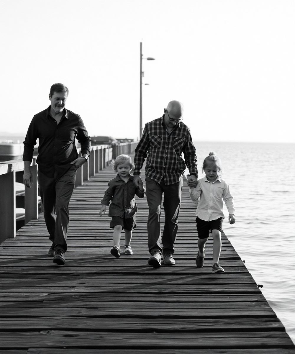 Two fathers walking with their children along a wooden pier
