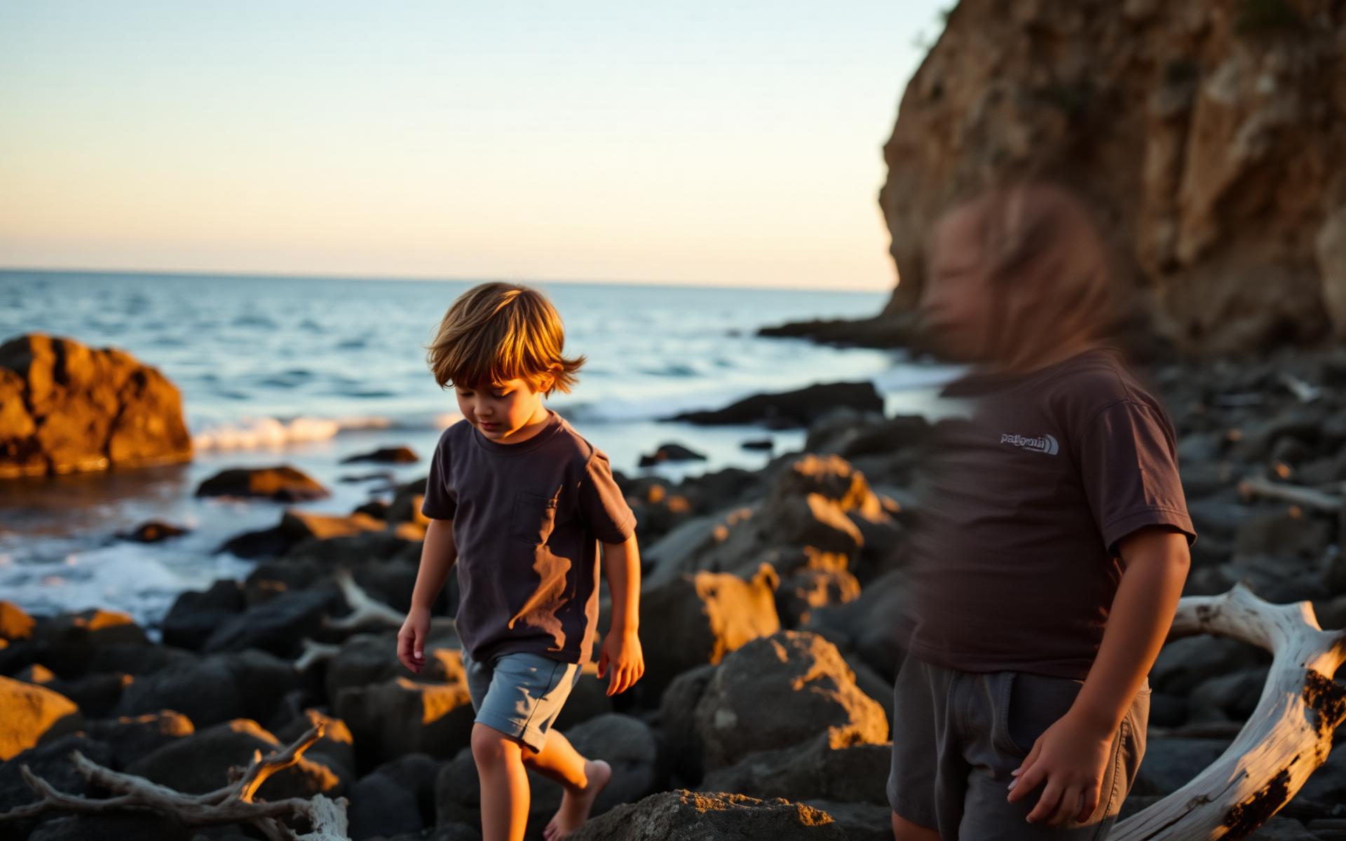 Children exploring a rocky coastline at golden hour
