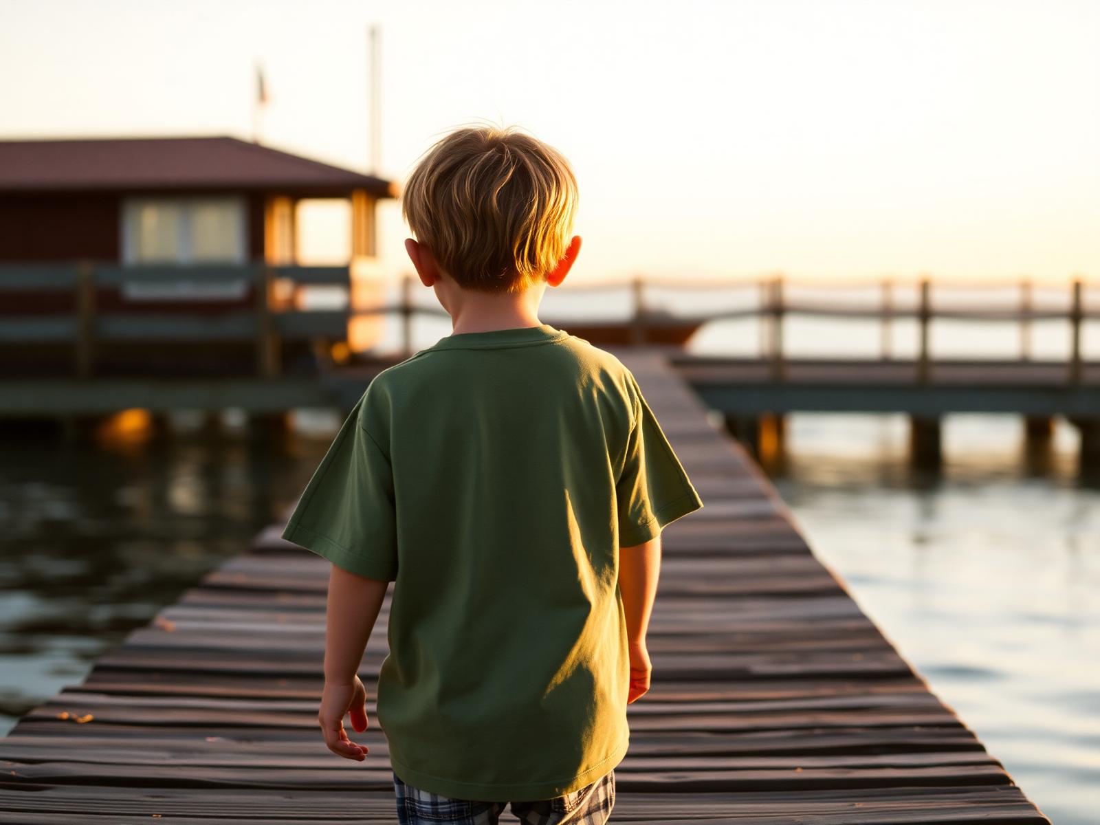 A child walking down a dock at golden hour